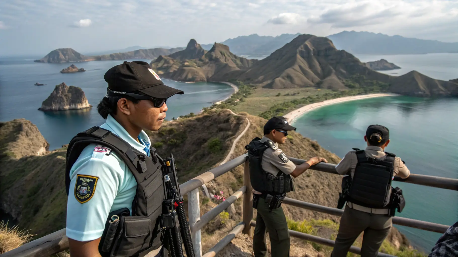 Indonesian security personnel watching over tourists at Padar Island | Labuan Bajo Bodyguard