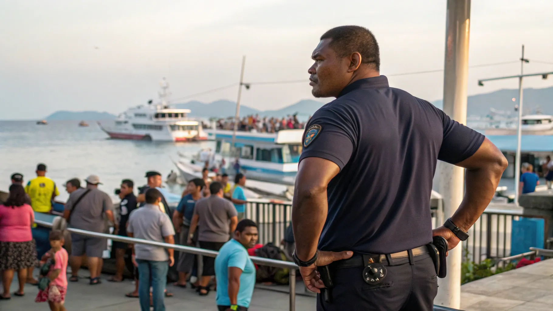 Muscular security guard monitoring crowd at Labuan Bajo port | Labuan Bajo Bodyguard