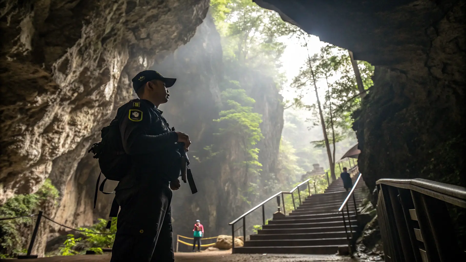 Solo bodyguard scanning surroundings at Rangko Cave entrance | Labuan Bajo Bodyguard