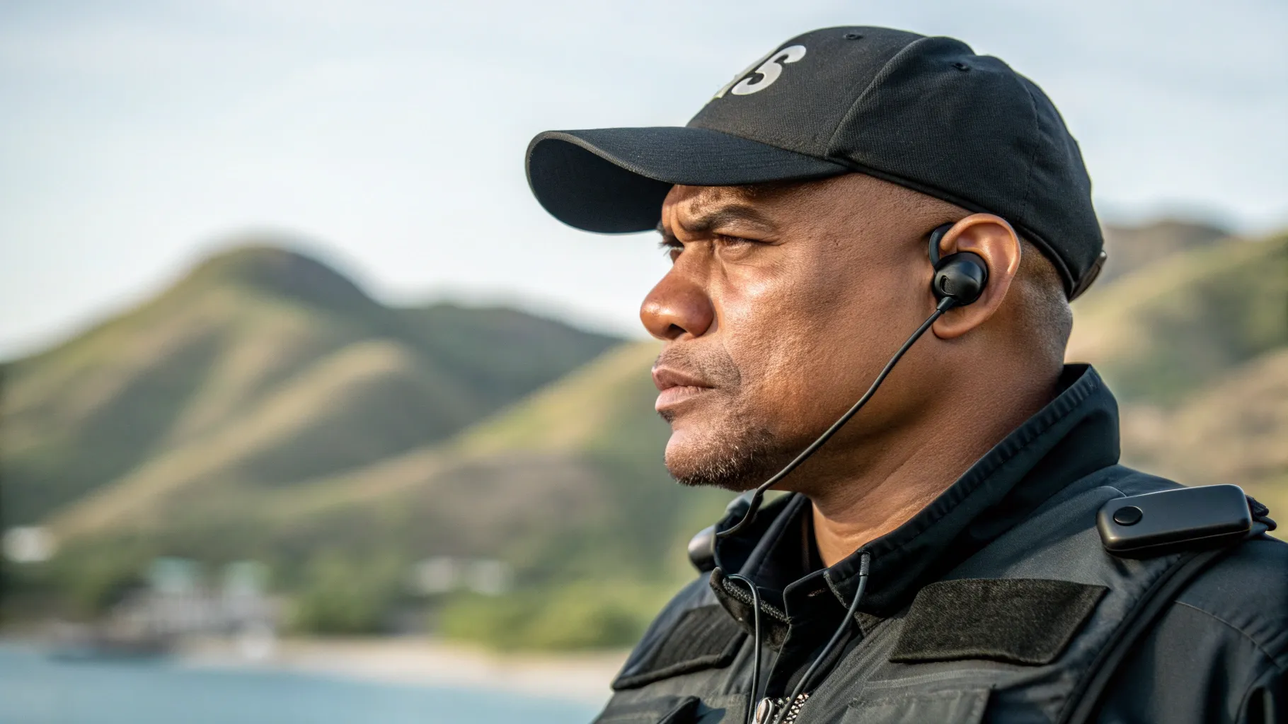 bodyguard with earpiece, Komodo Island landscape blurred background | Labuan Bajo Bodyguard